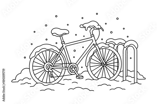 Winter bicycle outline with snowy details in black and white urban scene