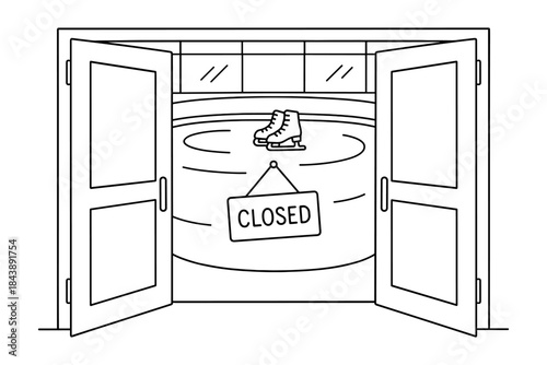 Ice rink closed: linear ice skates behind closed doors