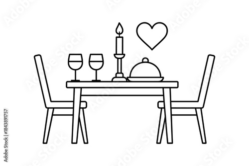 Romantic dinner table setting with wine and candle in line art style