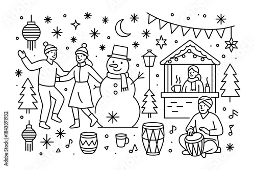 Festive winter celebration with dancing, snowman, and holiday market in linear art style