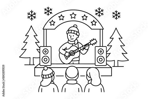 Winter outdoor concert with guitarist in linear style
