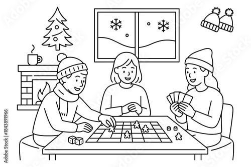 Cozy winter game night black and white line art with friends by the fireplace