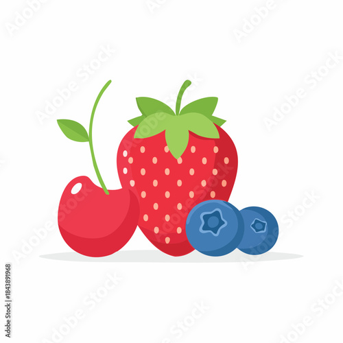 Colorful illustration of a fresh berry assortment, featuring a sweet strawberry, a juicy cherry, and ripe blueberries, symbolizing healthy eating and natural goodness