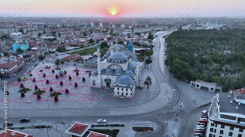 Aerial view of the Mevlana Museum and Sultan Selim Mosque in Konya city center. 