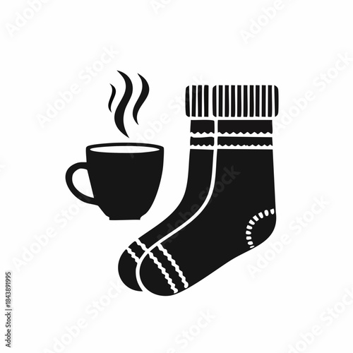 Cozy Comfort Scene A Steaming Cup of Hot Beverage Paired with Warm Knitted Socks, Ideal for Relaxation and Winter Evenings