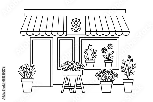 Minimalist floral shopfront outline with potted flowers and awning