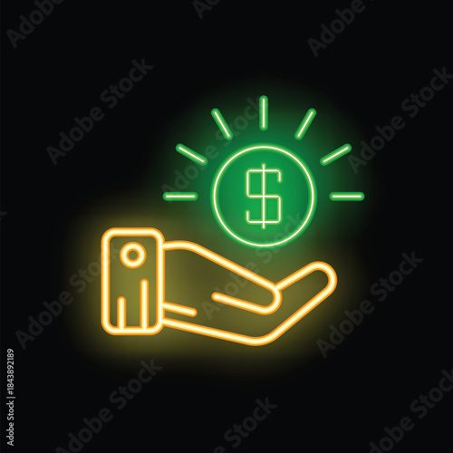 Neon sign illustrating a businessman holding a shining dollar coin, symbolizing investment, profit, and financial success