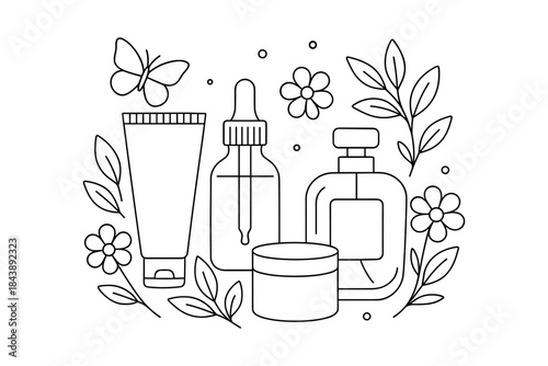 Elegant line art of cosmetic products with floral and botanical elements