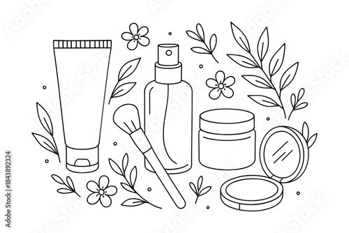 Skincare and makeup essentials outline with floral accents