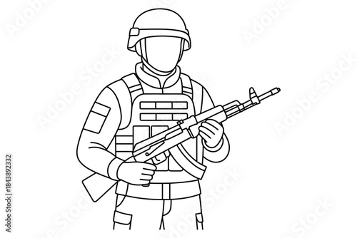 Line art soldier holding rifle in tactical gear