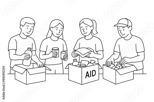 Community volunteers organizing aid packages in line art style
