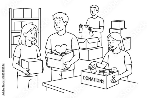 Community volunteers organizing donations in a charity warehouse line art