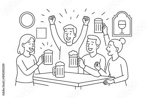 Linear style group celebrating with beer mugs at a bar gathering