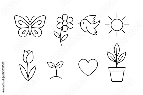 Minimalist nature icons set featuring butterfly, flower, bird, and sun