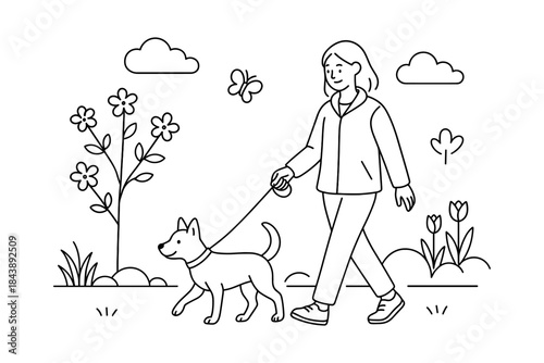 Woman walking dog in park, simple line art with nature elements