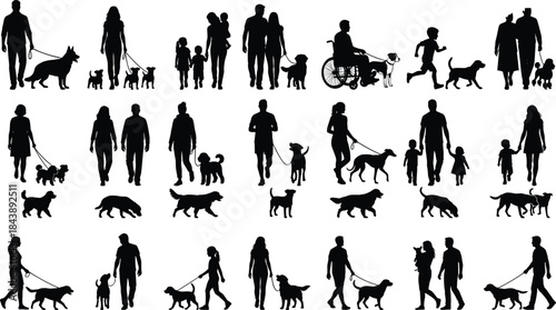 Collection of Black Silhouettes of Diverse People Walking Dogs, Families, Individuals, Couples, and Children Walking Various Breeds of Dogs on Leashes, Pet Ownership, Companionship, and Lifestyle.