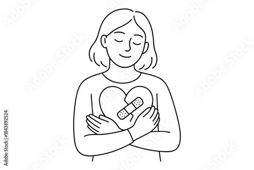 Healing embrace: woman holding heart with bandage, symbolizing emotional recovery