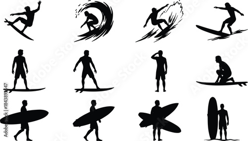 Black Silhouette Surfer Set Riding Waves and Carrying Boards for Summer Beach Sport and Water Extreme Activity Design