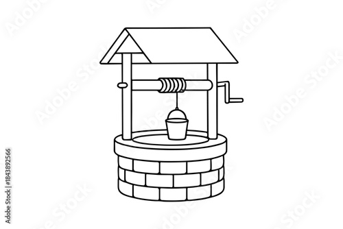 Outline of a traditional water well with roof and bucket in black and white