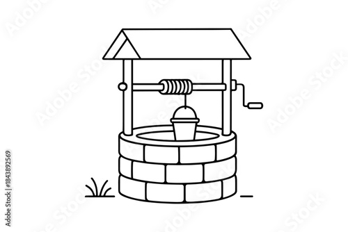 Minimalist black and white outline of a wishing well with bucket and crank