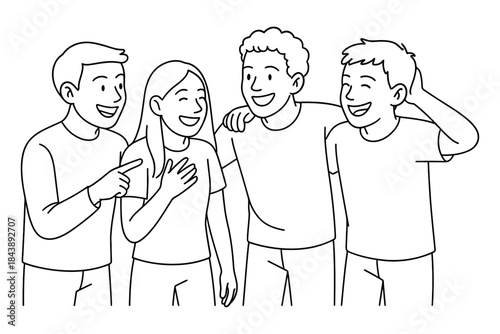 Happy friends group chatting and laughing in casual outfits outline drawing
