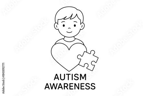 Autism awareness: child with heart and puzzle symbol in linear design