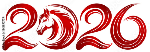2026 Year of the Horse – Red Metallic Gradient Zodiac Horse  with Strong Mane Typography