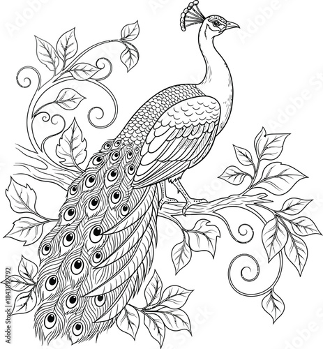 Elegant peacock sitting on a branch with detailed feathers and leaves, perfect for intricate design projects, nature illustrations, and decorative art