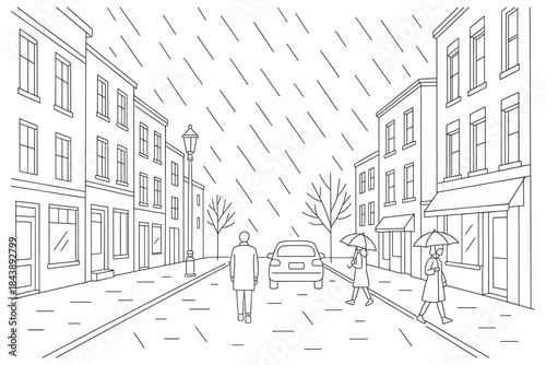 Rainy city street in linear style with people walking and car passing by