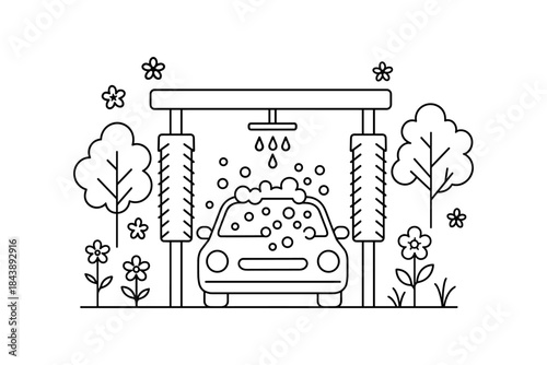 Line art car wash with bubbles and flowers in minimalist style