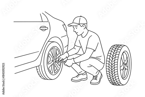Man changing car tire with lug wrench in outline style