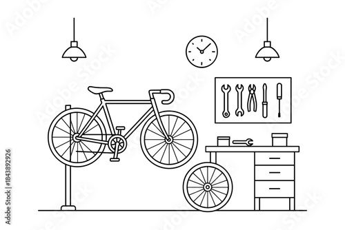 Minimalist bicycle repair shop with tools and equipment in linear style