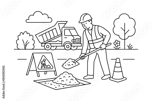 Construction worker clearing road area with dump truck in linear style
