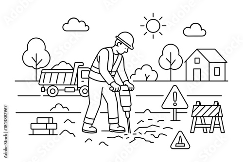 Road construction worker operating jackhammer in minimalist line art scene