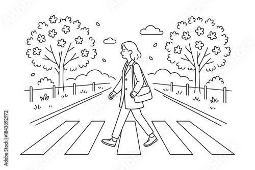 Line art of woman crossing street on pedestrian walk in peaceful park setting