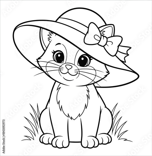 Outline drawing of a cute kitten wearing a wide-brimmed hat with a bow, sitting in a patch of grass and looking forward with big eyes