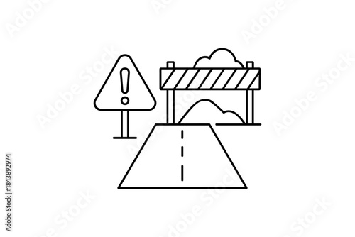 Minimalist linear roadblock with warning sign and construction scene