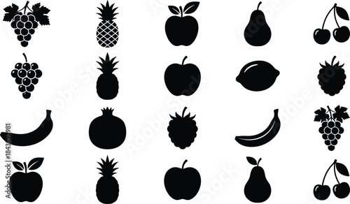 Grapes, Pineapple, Apple, Pear, Banana, Pomegranate, Raspberry, Lemon, and Cherry Black Icons