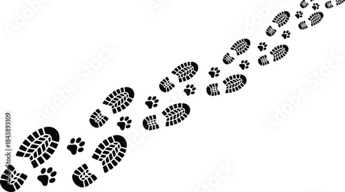 Human Boot Tracks and Pet Steps Diagonal Trail, Adventure, Following, and Loyalty Concept Graphic Design,