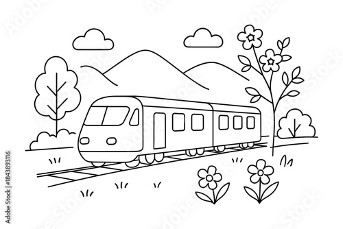 Linear style train journey through scenic landscape with mountains and trees