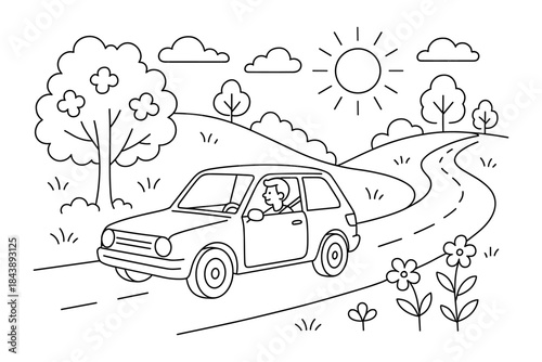 Charming linear art of a man driving through a countryside landscape