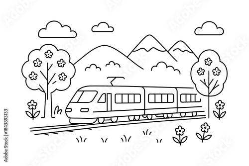 Minimalist linear train journey through scenic mountain landscape