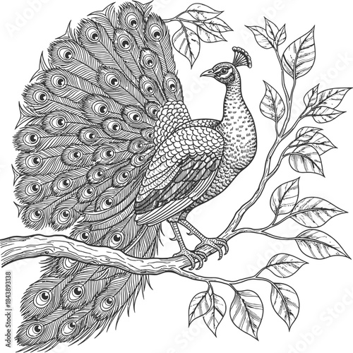 Outline drawing of an elegant peacock with a fanned tail, perched on a tree branch with lush leaves, detailed feathers