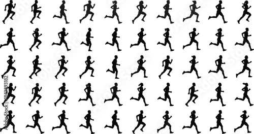 Large Group of Black Running and Jogging Silhouettes for Marathon Training Fitness Race and Athletic Sports Activities Vector