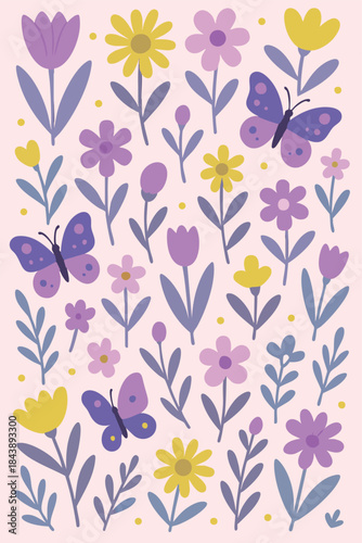 Spring Summer Blossom Butterly Flower Illustration Nature Garden Butterflies Flowers Floral colourful Insect Meadow Print Design Vector