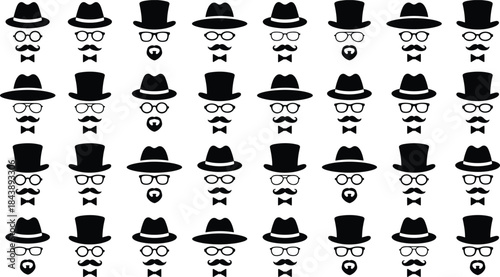 Large Set of Gentleman Hipster Silhouettes with Hat, Glasses, and Mustache for Retro, Fashion, and Avatar Profile Icons Vector