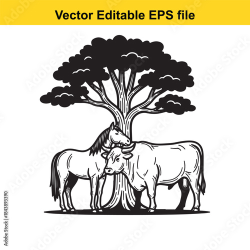  Two horses under a tree