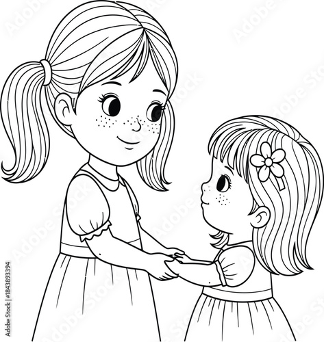 Two sisters holding hands line art, older and younger girl illustration, happy children drawing, family bond sketch