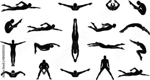 Male Swimmer and Diver Silhouette Vector Set, Athletic Figures Swimming, Jumping, and Diving into Water Collection, Black Icons Isolated