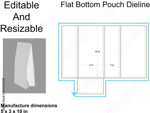 Flat Bottom Pouch Dieline With Dimensions And Sample packaging template